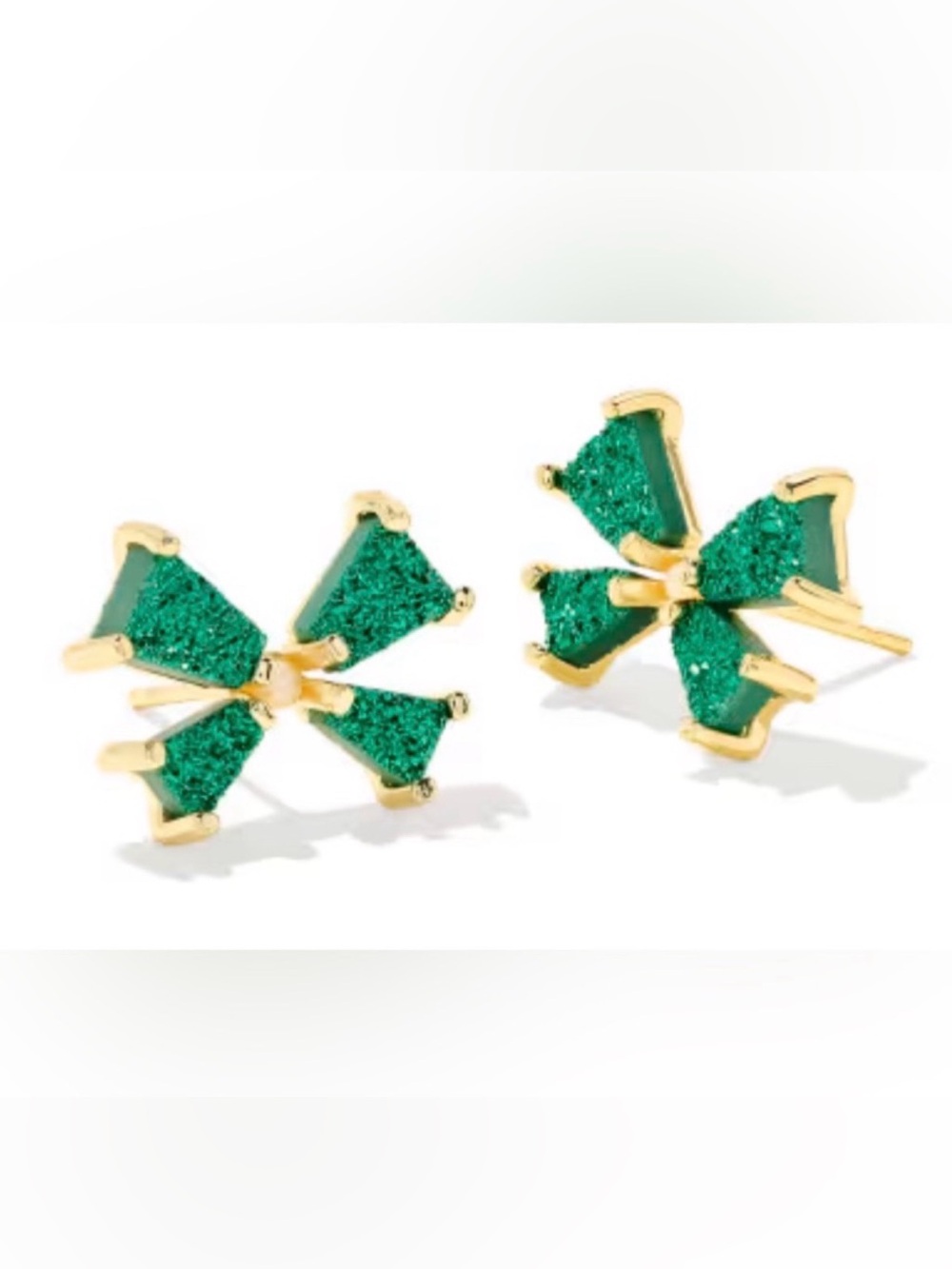 NWOT [Kendra Scott] Blair Bow Stud Sparkle Earrings, Gold/Emerald (Green) Drusy - Picture 3 of 9